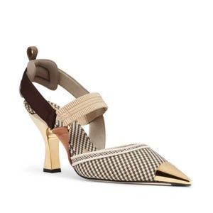 Fendi Colibri Pied De Poule Logo Point Metallic-Toe Slingback Pump 38.5